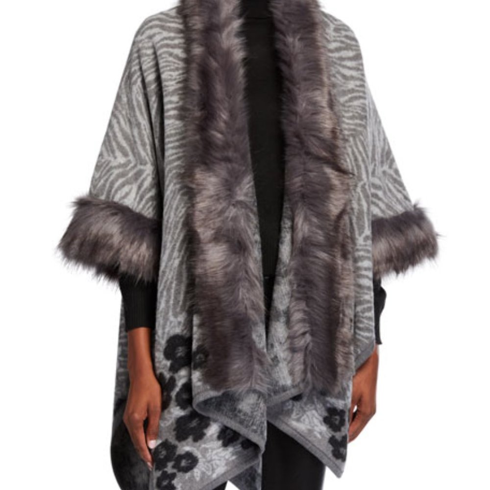 Printed Poncho w/ Faux Fur Trim-OS